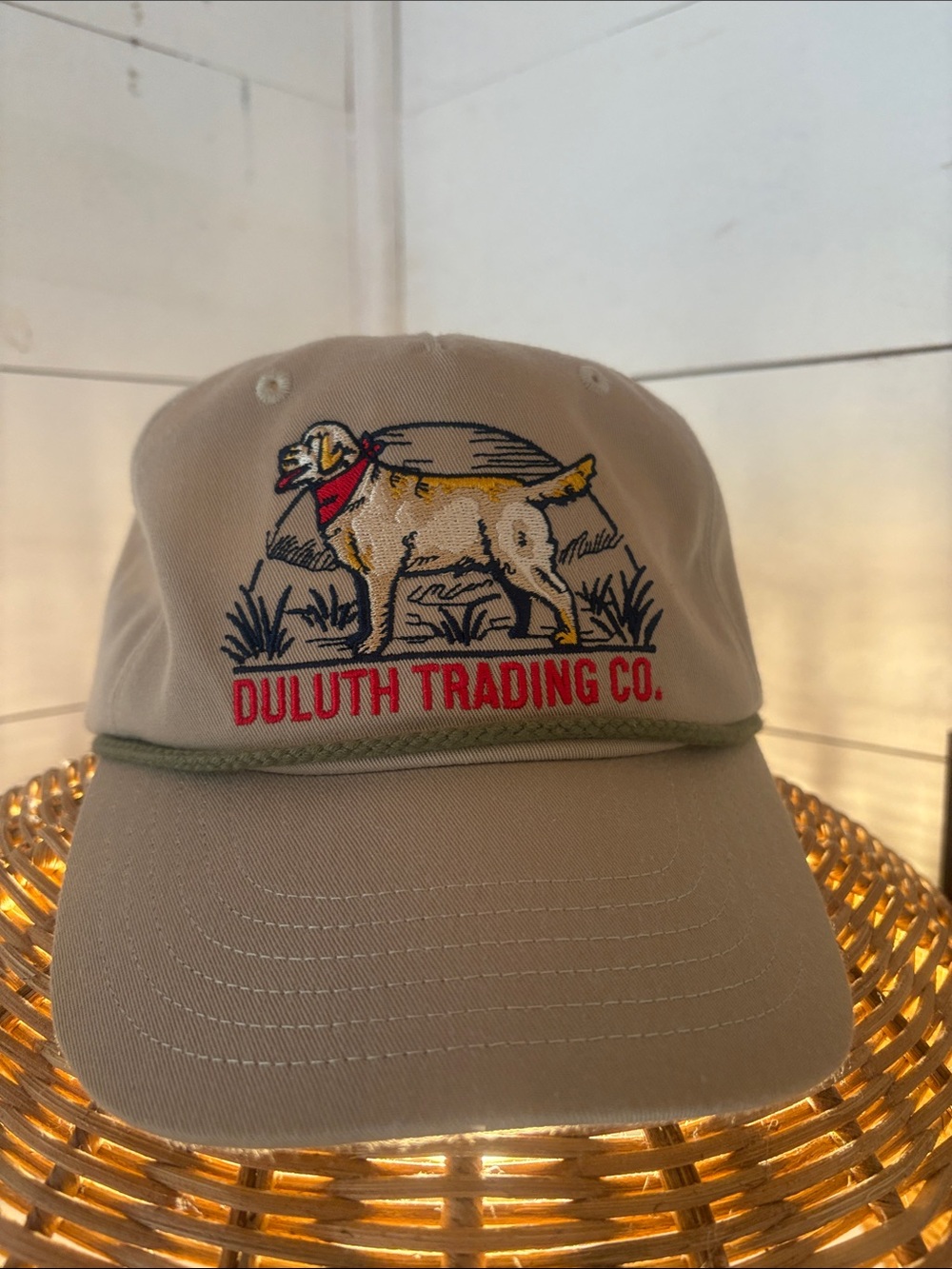Duluth Trading Co Beige Cap with Embroidered Dog and Red Logo